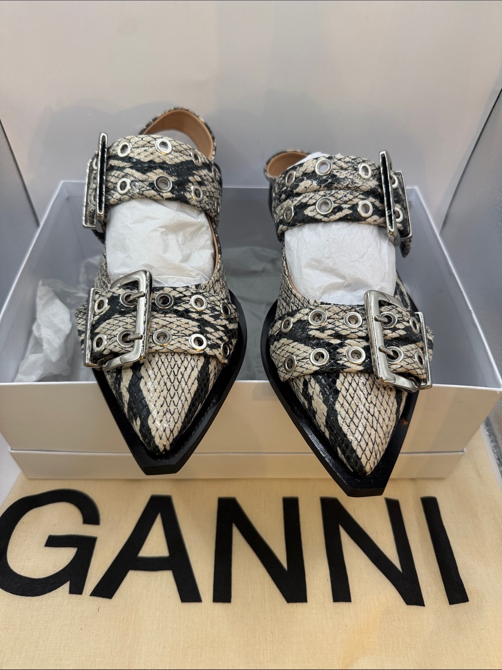 Ganni Black and Beige Snake-Print Pointed Buckle Flats, New with box dustbag